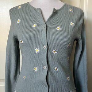 Forever 21 Blue Daisy Embroidered Ribbed Long Sleeve Cardigan Sweater Size Small